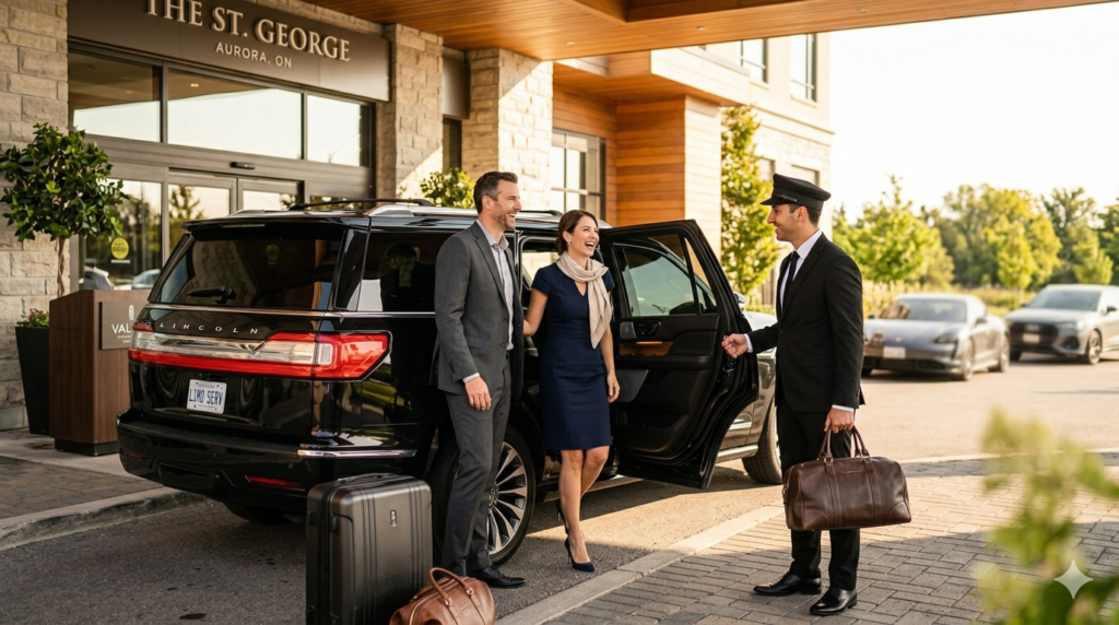 Aurora airport limo service — passengers arriving at hotel with Toronto Airport Limo Pro chauffeur