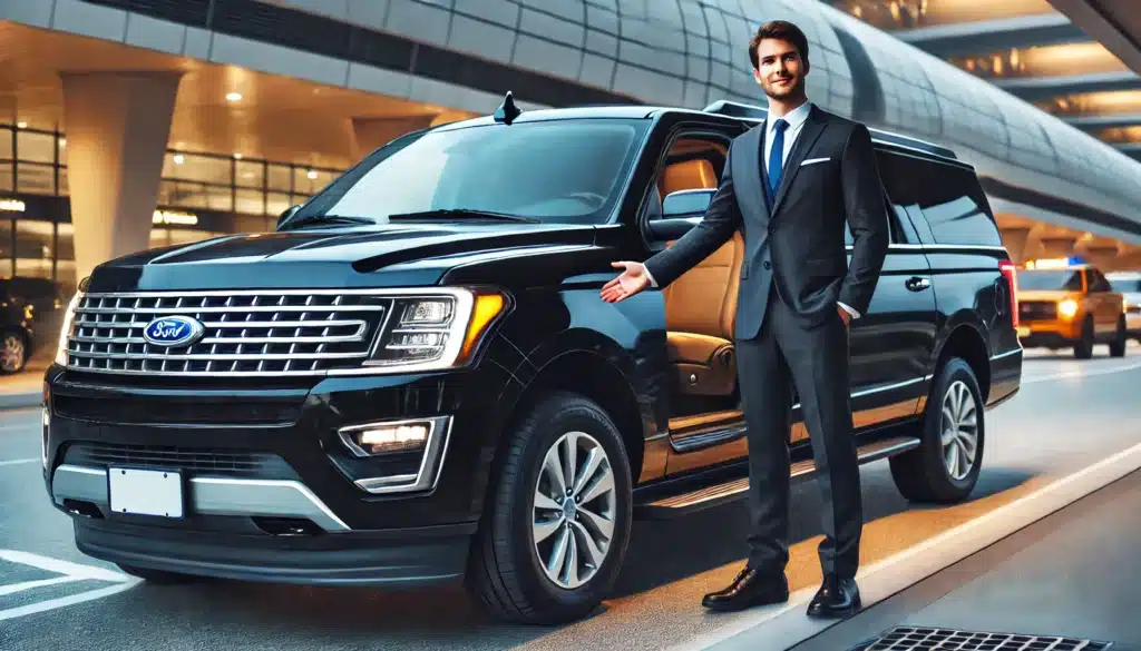 luxury black SUV at Toronto Pearson Airport pickup zone, Terminal 1